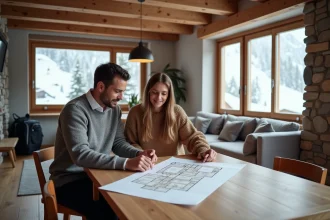Couple examinant des plans d'appartement dans une résidence de tourisme aux Menuires avec vue sur les pistes enneigées