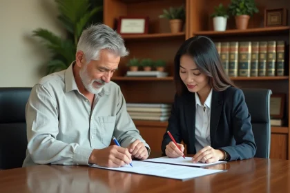Un expatrié occidental signe des documents immobiliers avec une avocate thaïlandaise dans un bureau juridique moderne à Bangkok