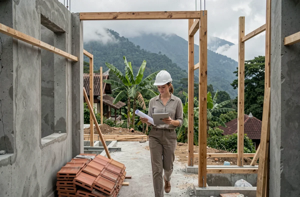 Femme expatriée inspectant un chantier de construction de villa à Chiang Mai en Thaïlande avec vue sur les montagnes