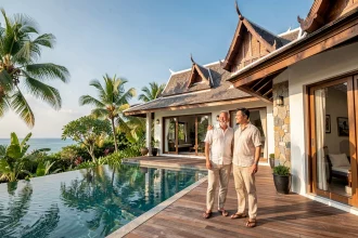 Couple européen devant une villa moderne avec piscine à débordement à Koh Samui en Thaïlande