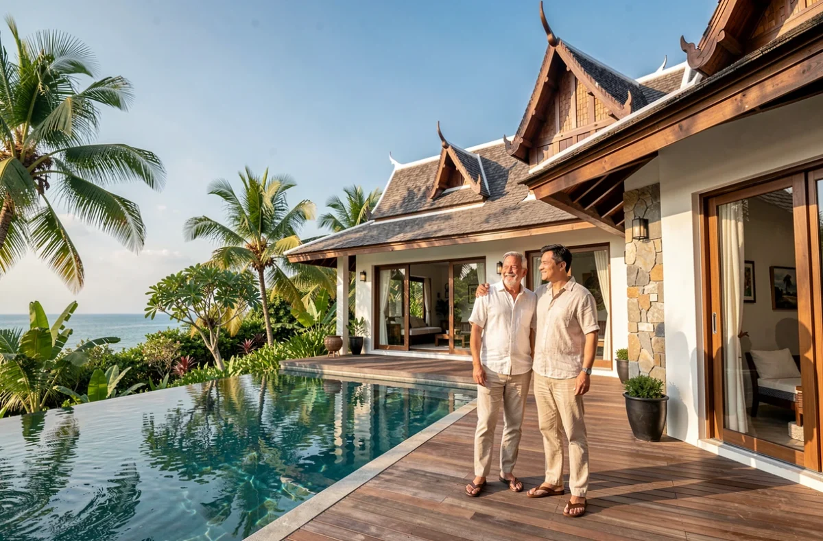 Couple européen devant une villa moderne avec piscine à débordement à Koh Samui en Thaïlande