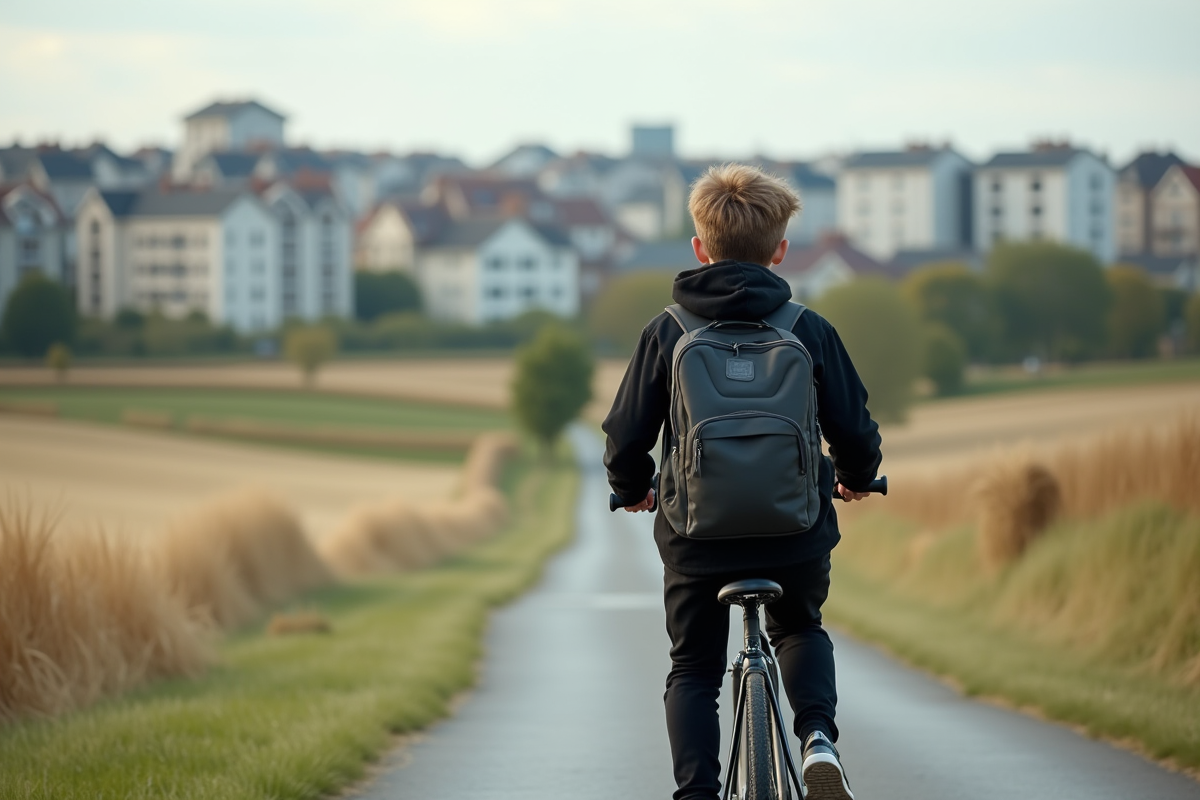 Adolescent à vélo dans un paysage periurbain français