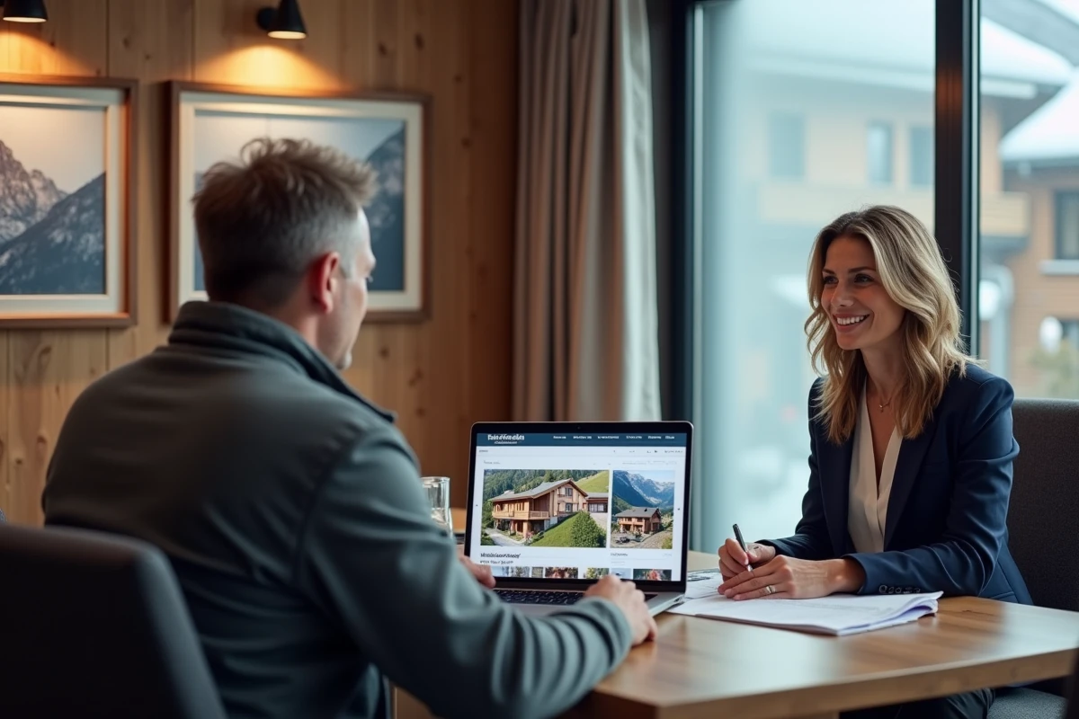 Agent immobilier présentant des appartements à vendre aux Menuires à un acheteur potentiel dans une agence de montagne