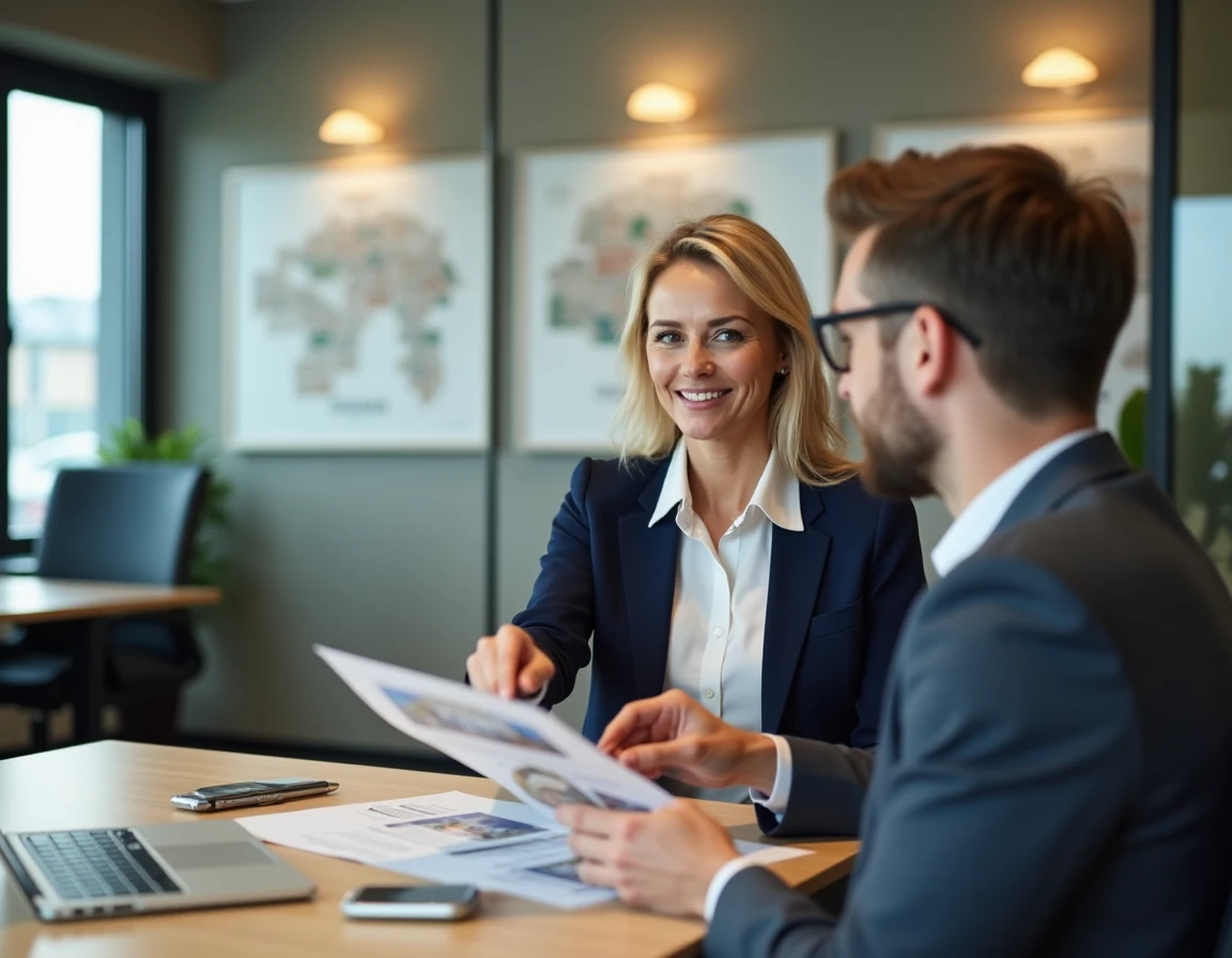 Agent immobilier classique conseillant un primo-accédant dans une agence professionnelle