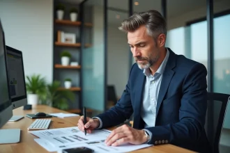 Agent immobilier professionnel examinant des documents de vente dans une agence moderne, illustrant les services d'Akerys Immobilier