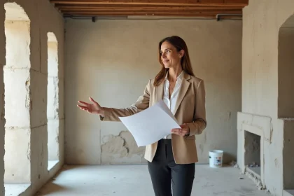 Agent immobilière présentant un appartement à rénover à Aix-en-Provence avec des murs en pierre apparente et des travaux en cours
