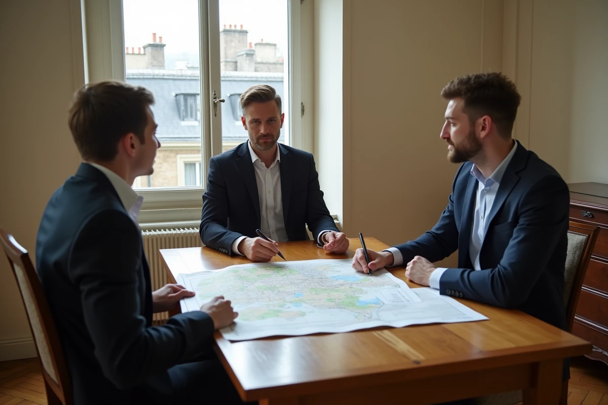 Agent immobilier présentant une carte des secteurs scolaires à un couple cherchant à acheter en Île-de-France