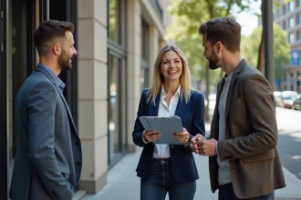 Agent immobilier parlant avec un couple devant un immeuble moderne