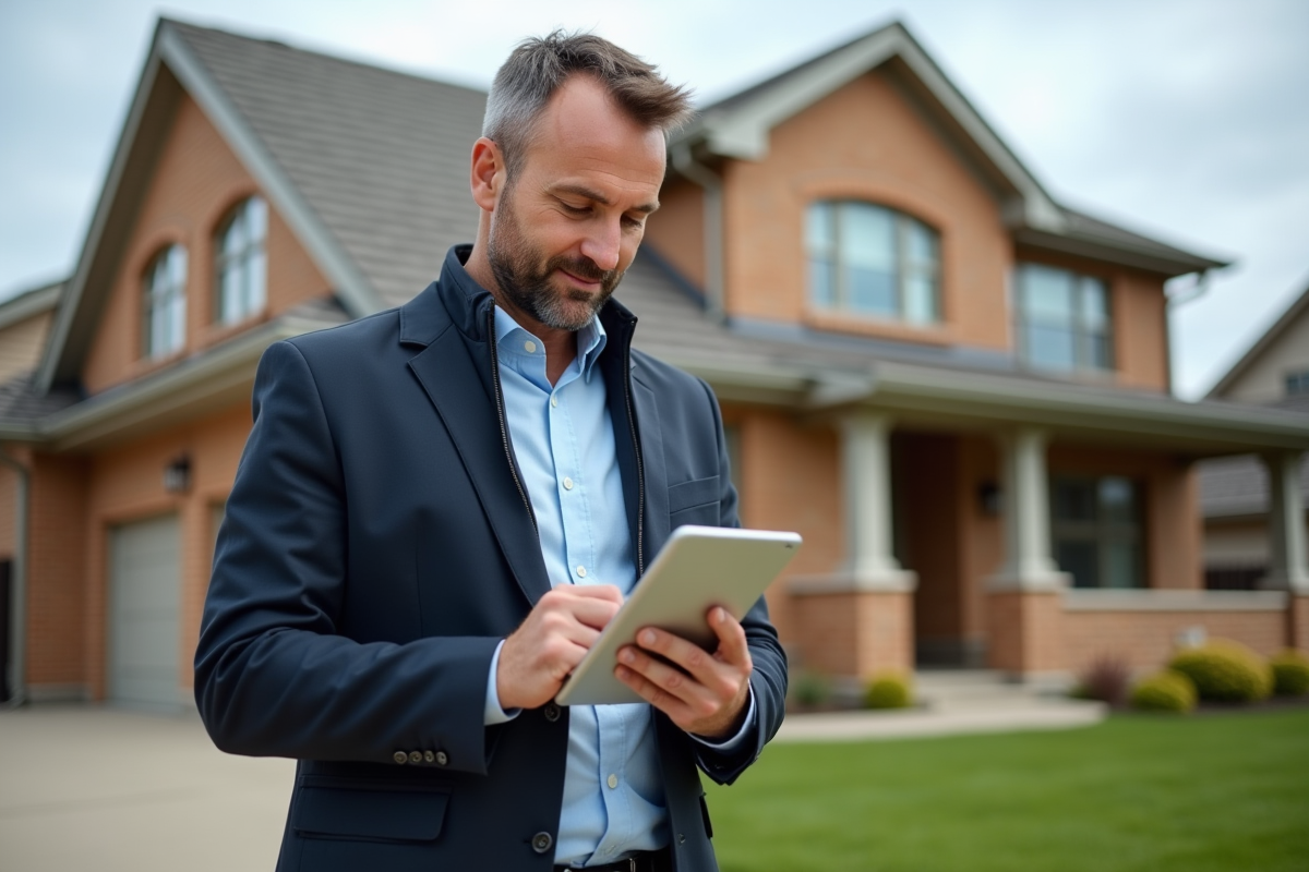 Agent immobilier avec tablette devant maison de banlieue