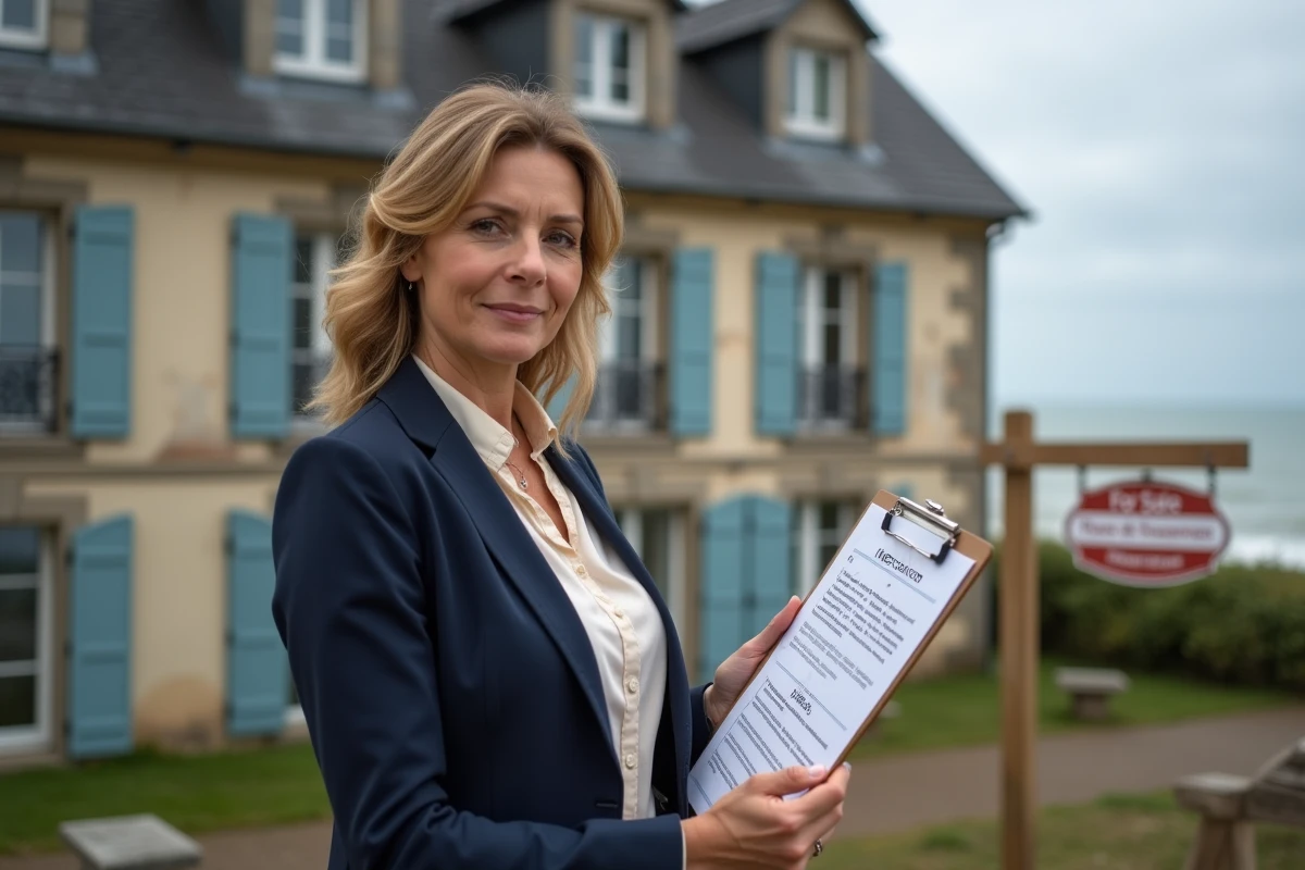 Agente immobilière examinant des documents d'assurance devant une maison normande à vendre en bord de mer