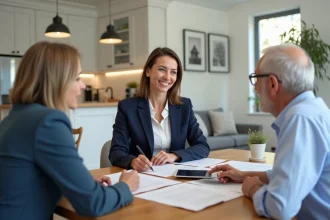 Agent immobilier souriante explique des documents à un couple