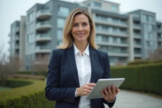 Agent immobilière devant un immeuble moderne en 2026, illustrant les tendances du marché IDR