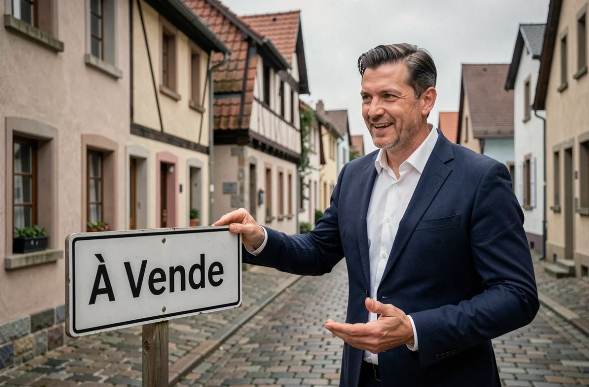Agent immobilier posant un panneau À Vendre devant une maison lorraine typique dans un village de Moselle