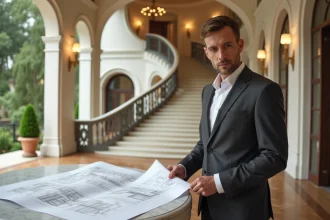 Agent immobilier de prestige consultant des plans architecturaux dans le hall en marbre d'une villa de luxe