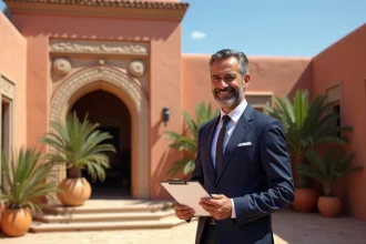 Agent immobilier devant une villa traditionnelle à Marrakech avec architecture en pisé et zellige, tenant des documents de vente
