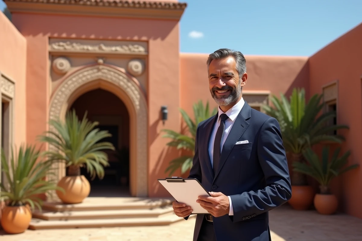 Agent immobilier devant une villa traditionnelle à Marrakech avec architecture en pisé et zellige, tenant des documents de vente