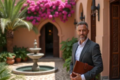 Agent immobilier marocain devant une villa traditionnelle à vendre à Marrakech avec portes en bois sculpté et murs en terre cuite
