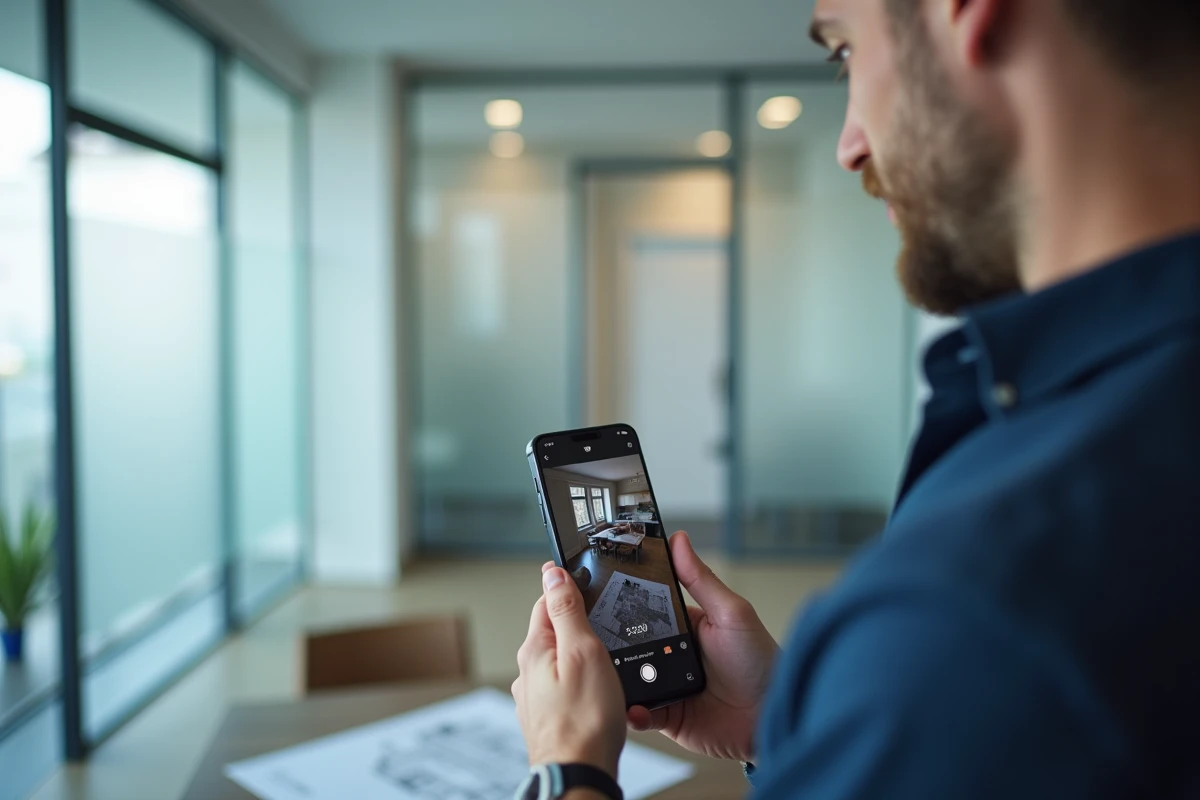 Agent immobilier utilisant une application de visite virtuelle 360 sur smartphone dans une agence immobilière moderne