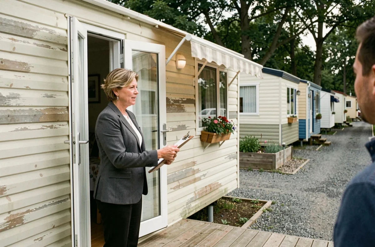 Agent immobilier présentant un mobil-home occasion à vendre dans un camping à l'année