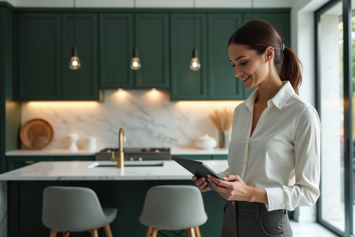 Agente immobilière consultant une visite virtuelle 360 sur tablette dans une cuisine de prestige