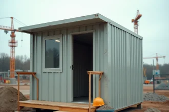 Module ALGECO aménagé installé sur un chantier de construction avec grue en arrière-plan