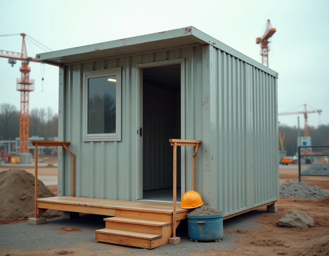 Module ALGECO aménagé installé sur un chantier de construction avec grue en arrière-plan