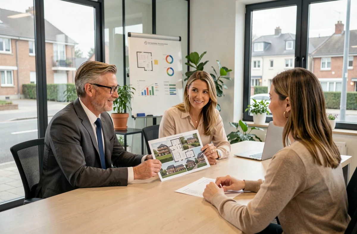Conseiller en investissement résidentiel Altia Résidences présentant un programme immobilier neuf dans le Haut-Rhin à des clients en agence