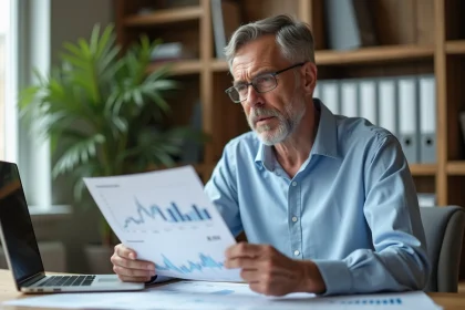 Un homme dans la quarantaine analyse des graphiques de taux immobiliers sur son bureau à domicile en 2026