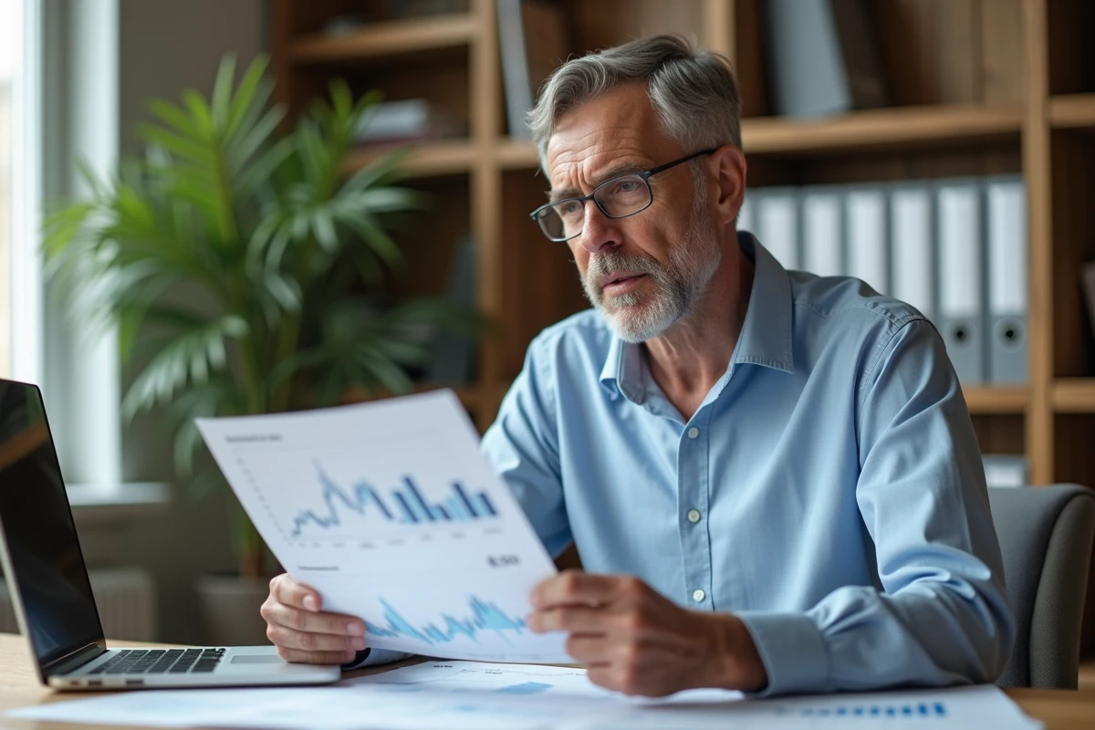 Un homme dans la quarantaine analyse des graphiques de taux immobiliers sur son bureau à domicile en 2026