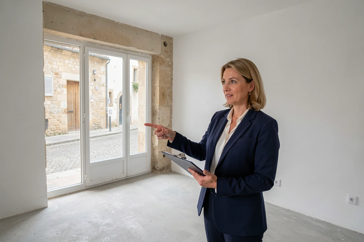 Agent immobilier présentant un appartement vide à louer dans un immeuble en pierre à Carcassonne dans l'Aude