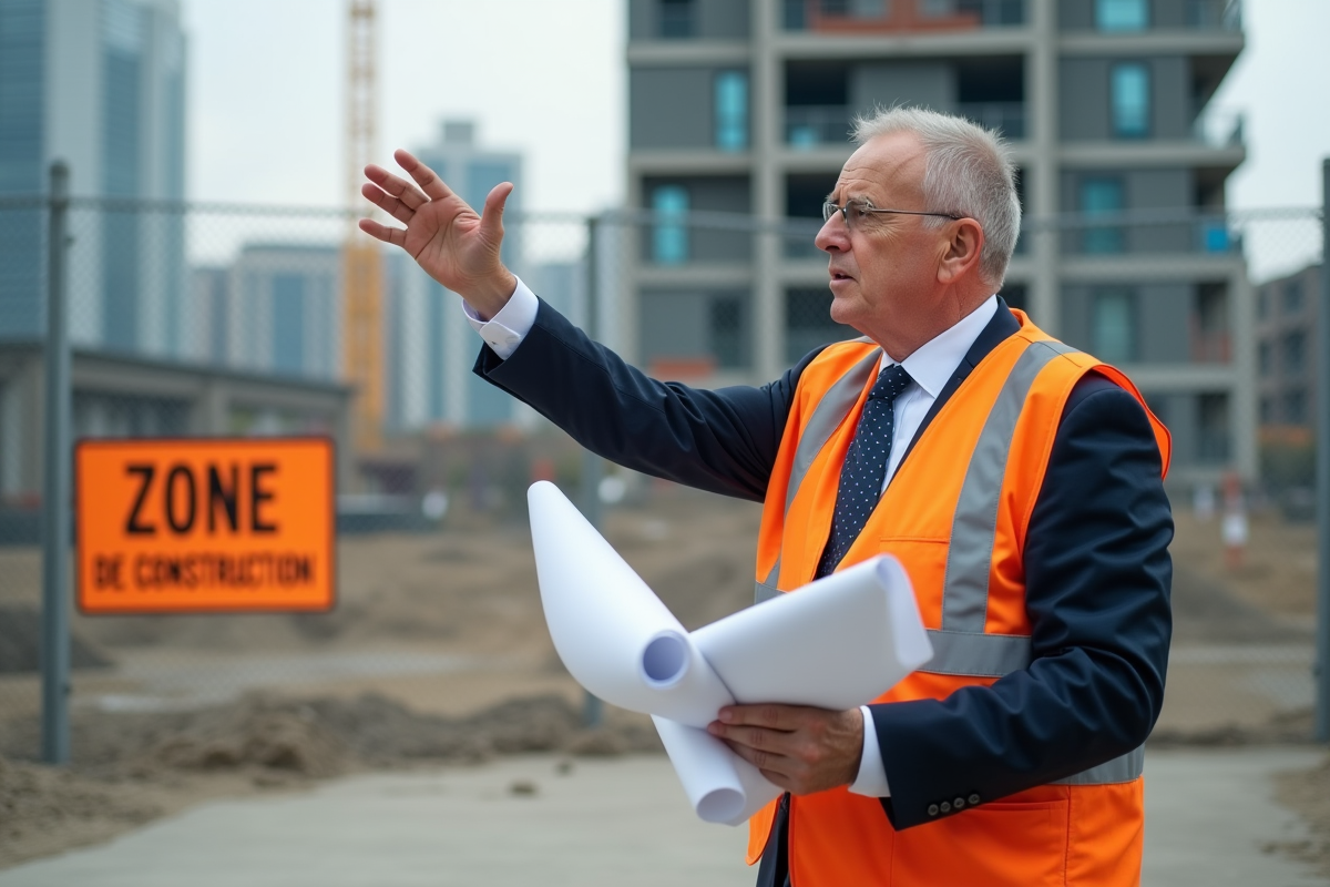 Architecte homme en costume et gilet de sécurité sur un chantier urbain
