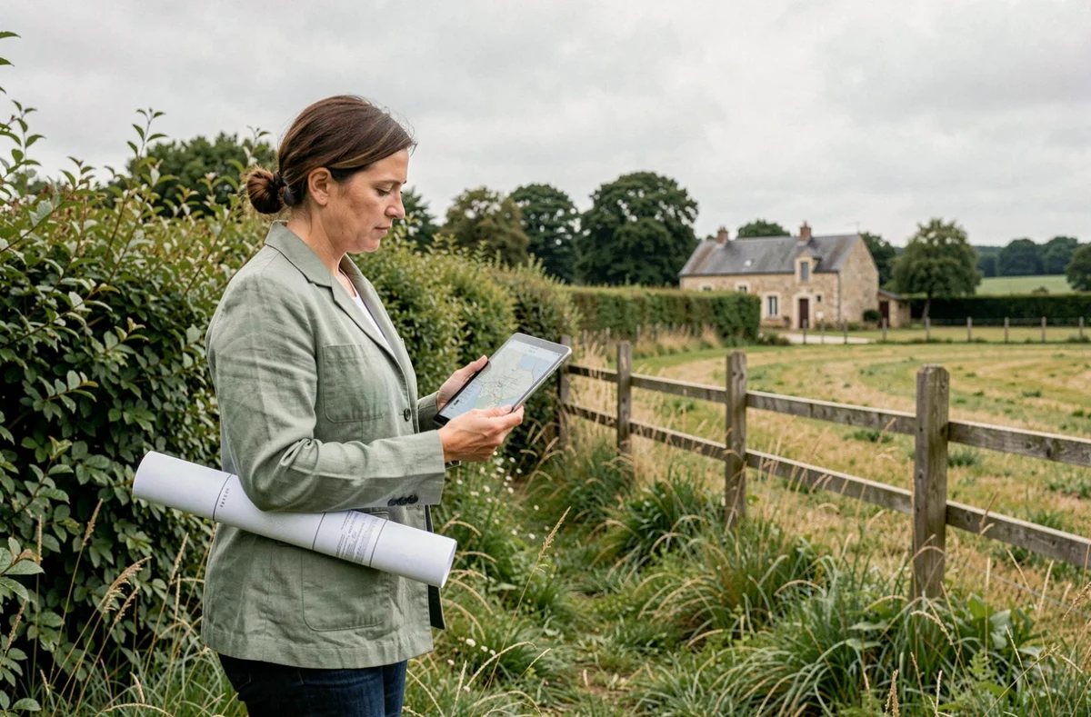 Architecte consultant un PLU numérique en zone naturelle rurale avec document d'urbanisme en main