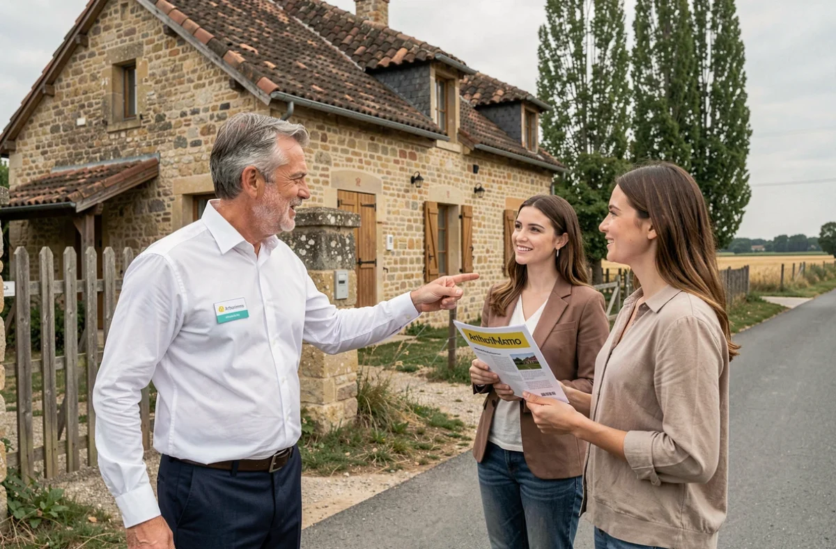 Agent Arthurimmo présentant une propriété rurale en Seine-et-Marne à un couple lors d'une visite extérieure