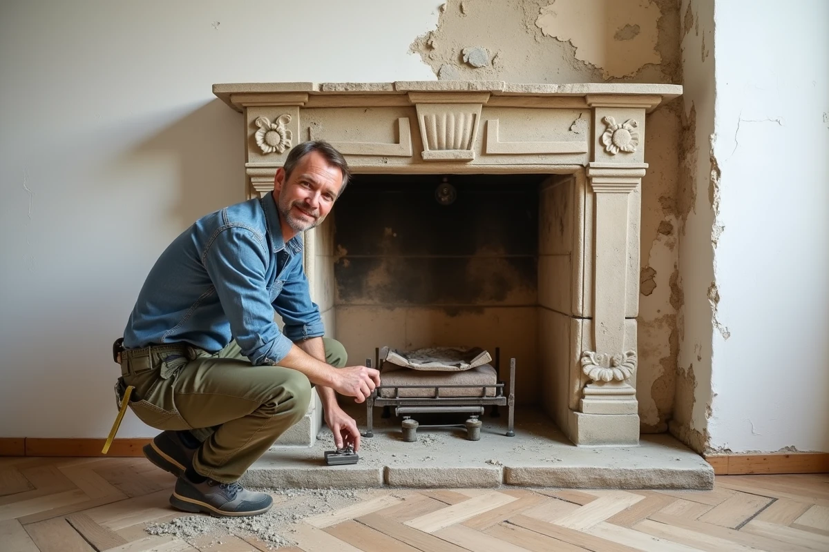Artisan du bâtiment inspectant une cheminée en pierre restaurée dans un appartement en cours de rénovation à Aix-en-Provence
