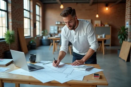 Artisan indépendant en bâtiment qui consulte des plans de rénovation sur une table de travail avec des cartes de visite professionnelles et un logo d'entreprise sur ordinateur