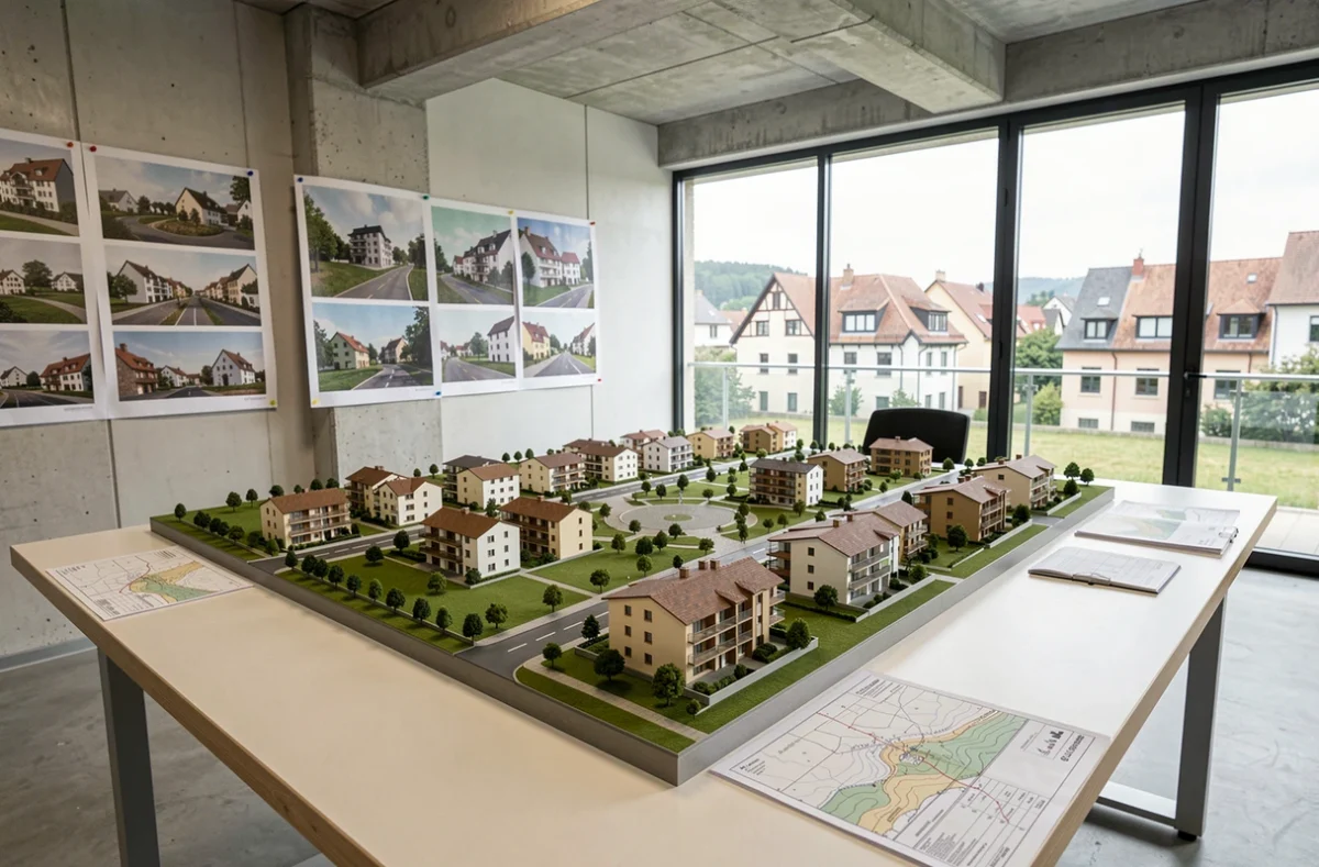 Maquette architecturale d'un programme immobilier ATIK SA dans le Haut-Rhin exposée dans le bureau du promoteur avec plans et rendus de projet