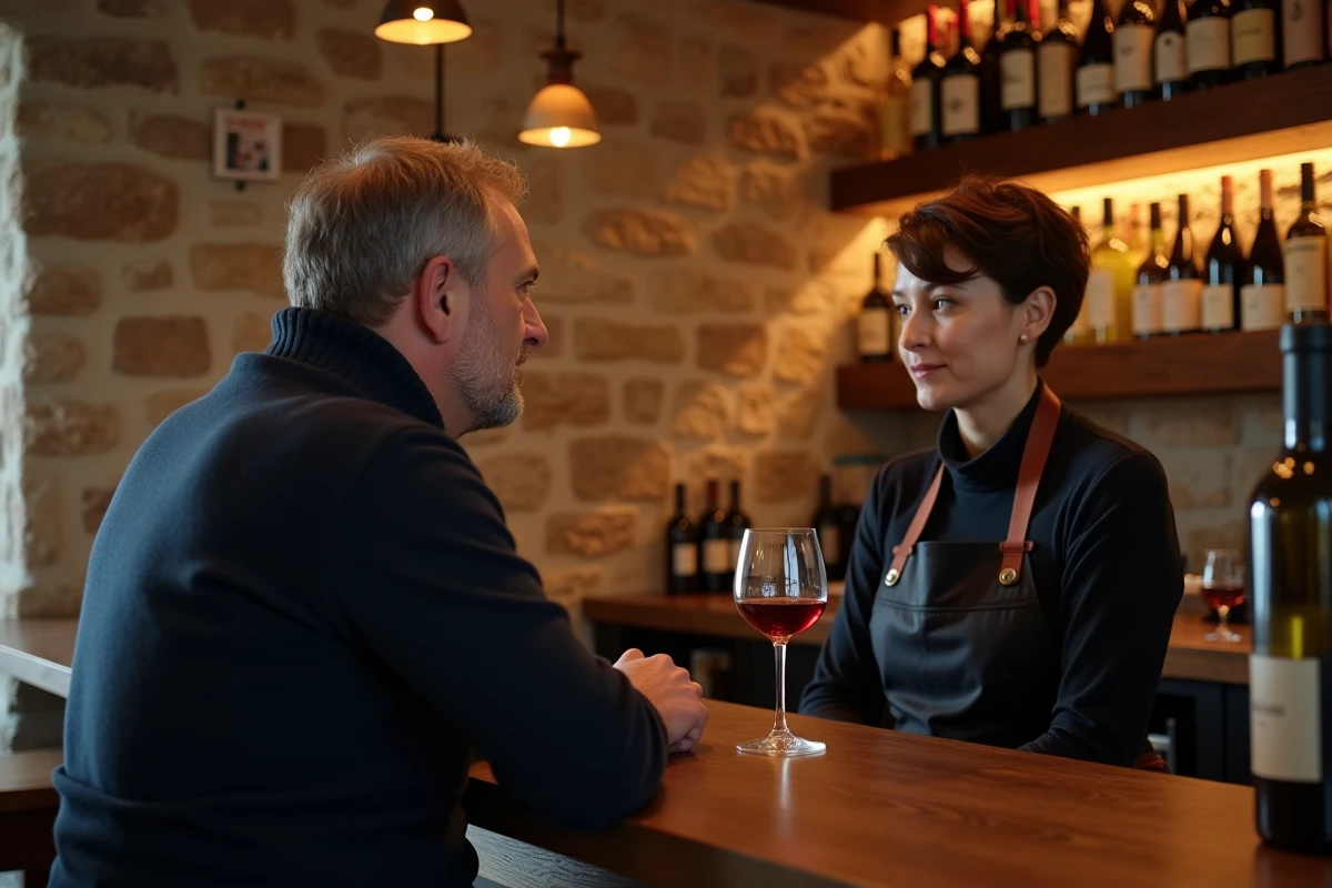 Un homme discutant avec une sommelière dans un bar à vins chaleureux de Versailles aux murs en pierre et étagères de bouteilles