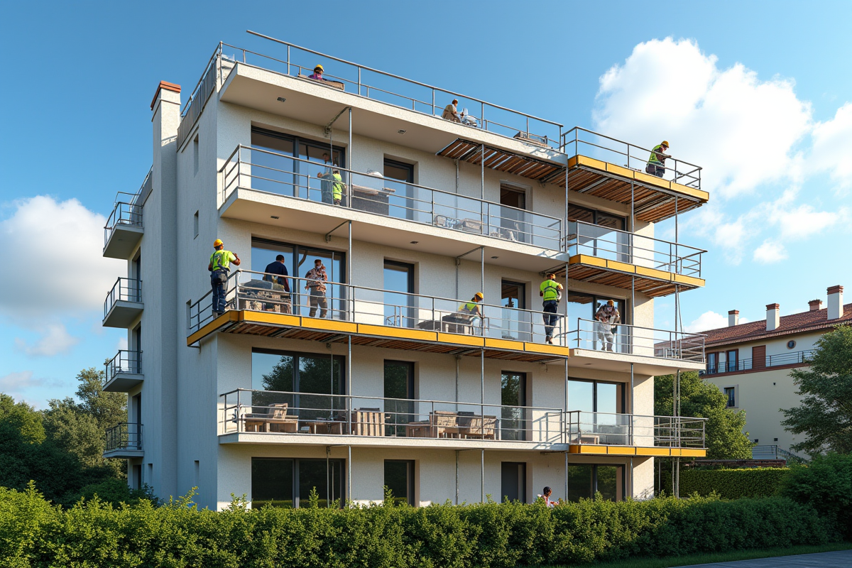 Façade d un immeuble moderne avec panneaux solaires en installation