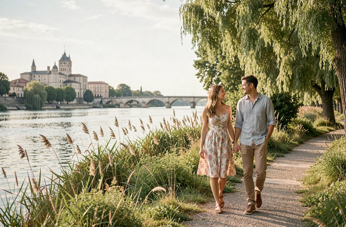 Couple se promenant sur les berges verdoyantes du Rhône avec le Palais des Papes en arrière-plan à Avignon