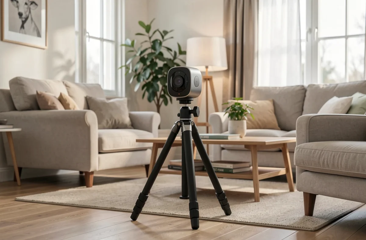 Caméra 360 posée sur un trépied au centre d'un salon