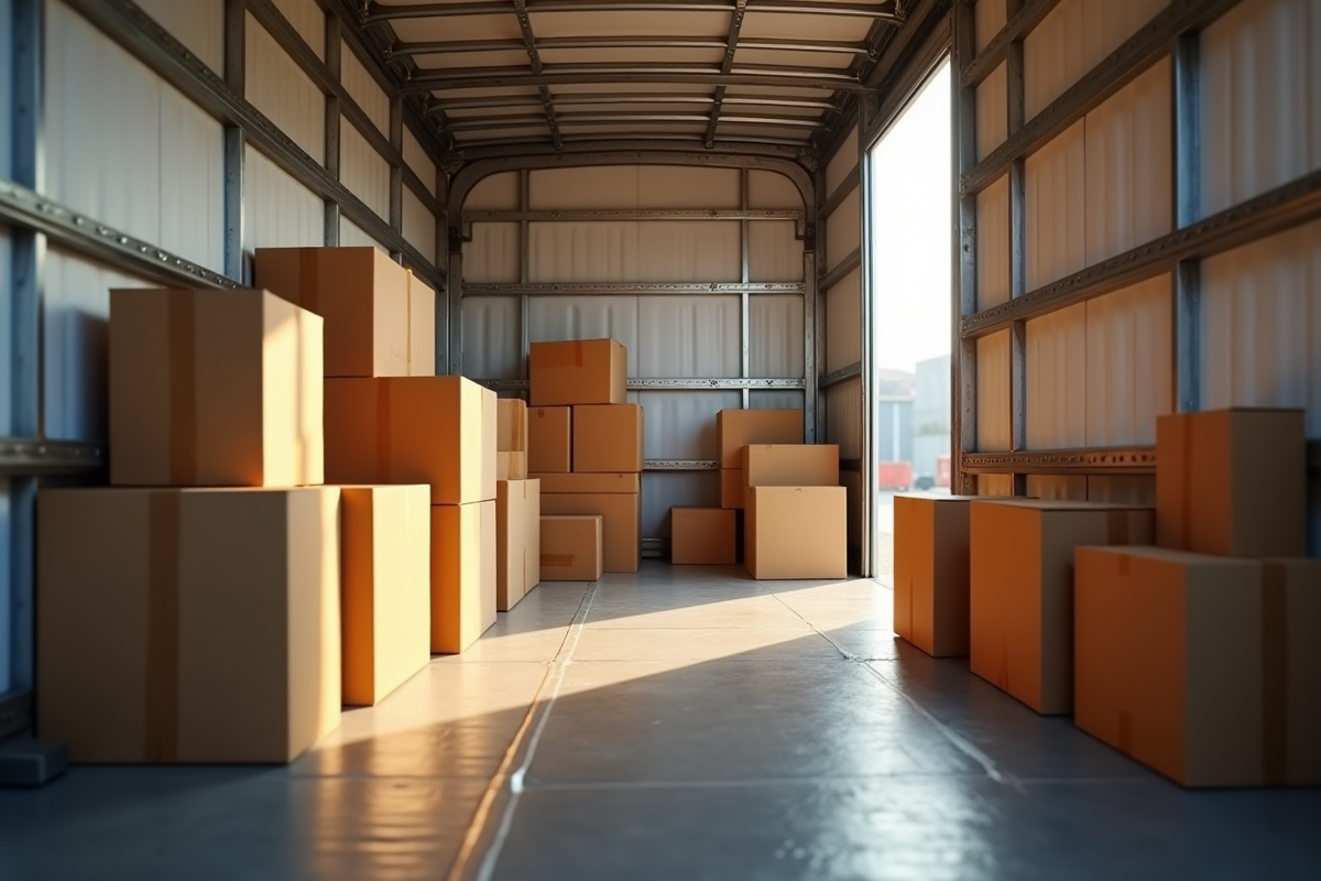 Intérieur du camion de déménagement avec cartons et meubles emballés