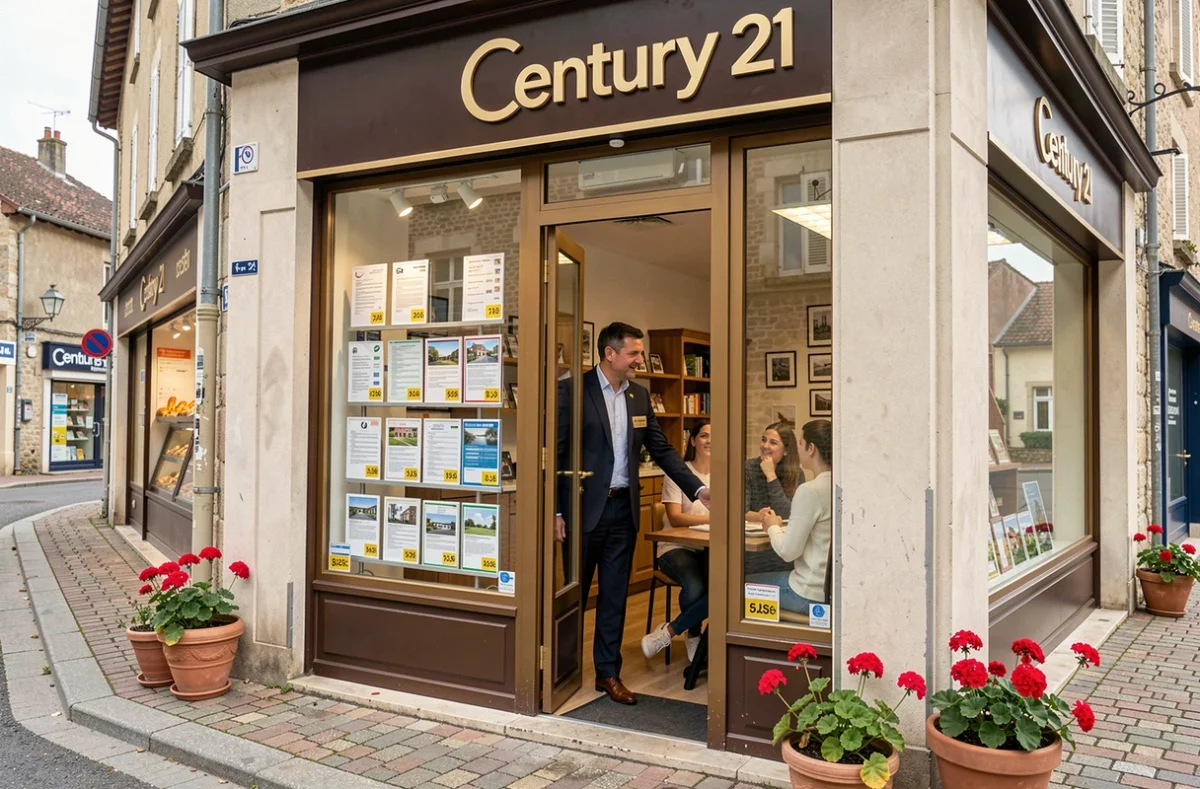 Devanture d'une agence Century 21 en Seine-et-Marne avec vitrine de propriétés et agent visible à l'intérieur