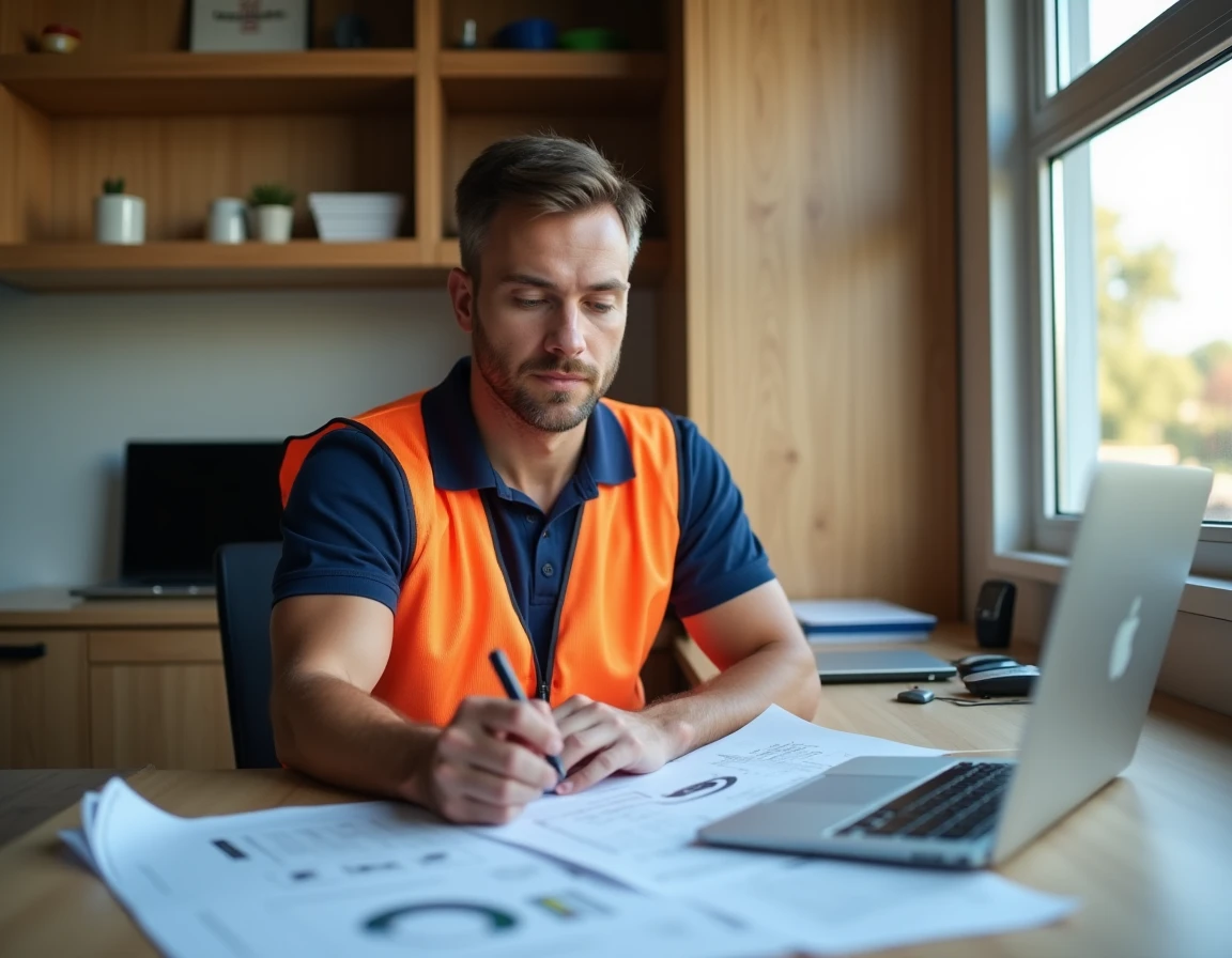 Chef de chantier étudiant un plan de financement pour un bureau modulaire ALGECO aménagé
