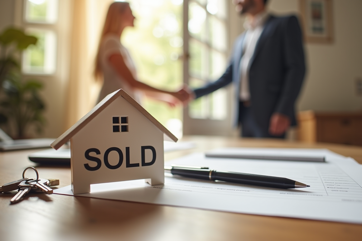 Clés de maison et panneau vendu sur une table en bois avec documents