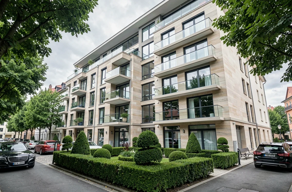 Immeuble résidentiel haut de gamme Cogedim avec finitions premium, terrasses privées et jardin intérieur soigné dans le Haut-Rhin
