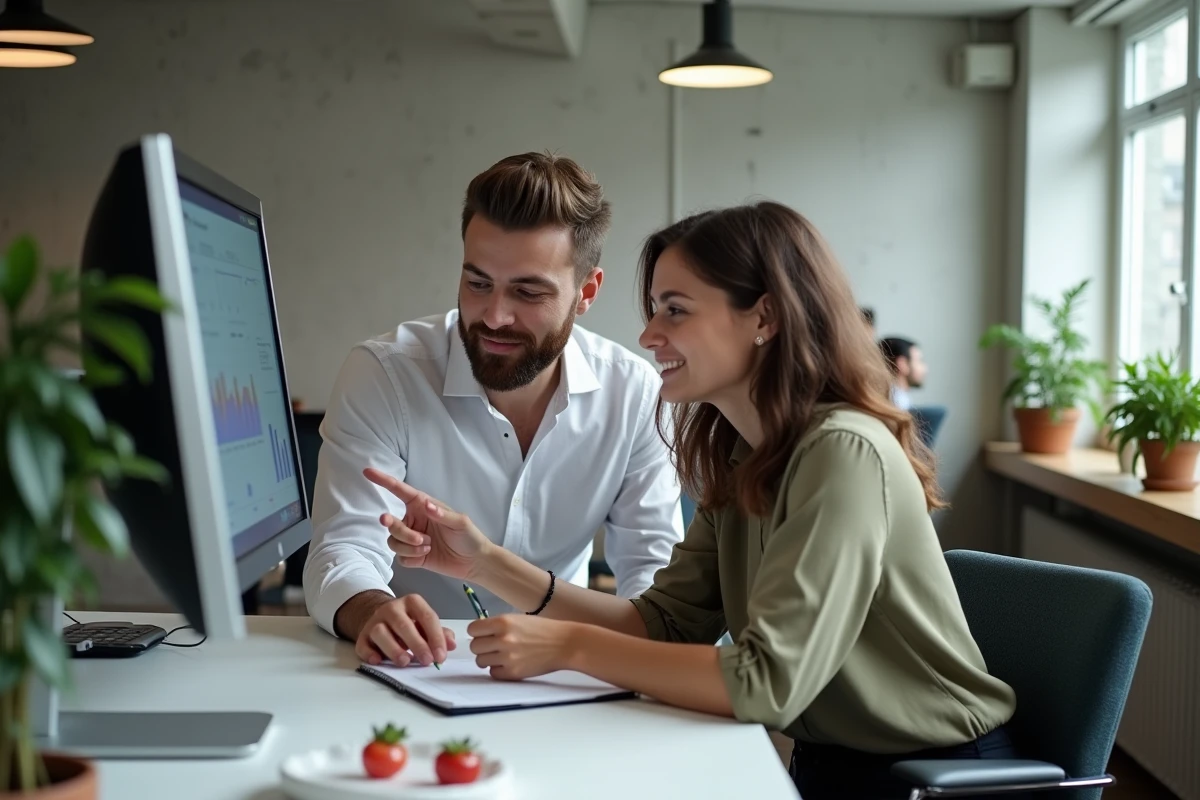 Deux collègues analysant un espace client en ligne ensemble dans un bureau moderne en open space