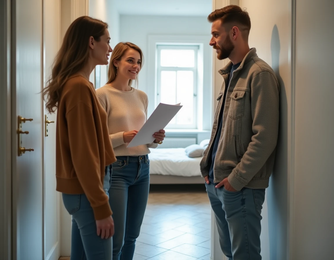 Trois colocataires discutant d'un contrat de colocation et des règles de caution dans le couloir de leur appartement partagé