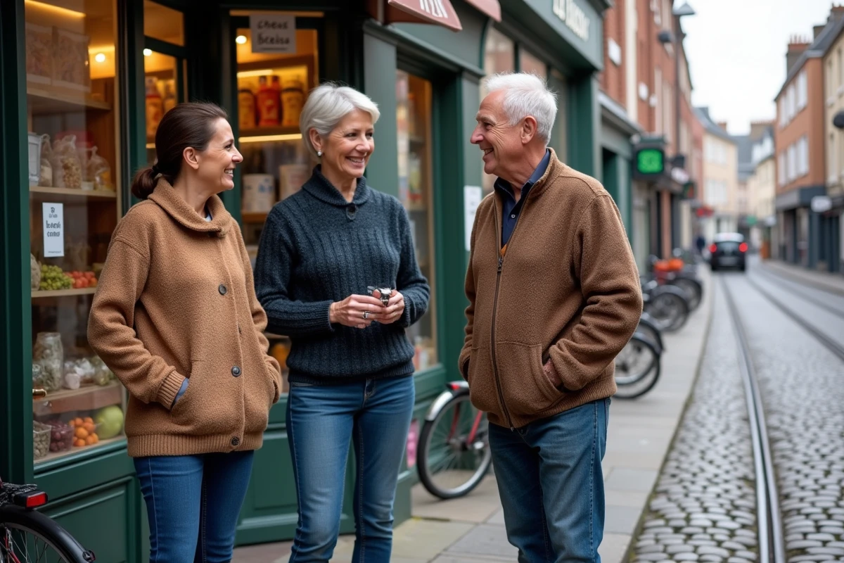 Groupe de commerçants souriants devant leur épicerie à Le Havre