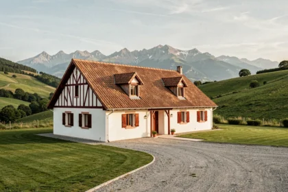 Vue d'ensemble d'une maison individuelle de style basque dans les Pyrénées-Atlantiques avec montagne en arrière-plan
