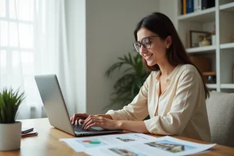 Femme consultant des annonces immobilières sur un site internet depuis son bureau à domicile